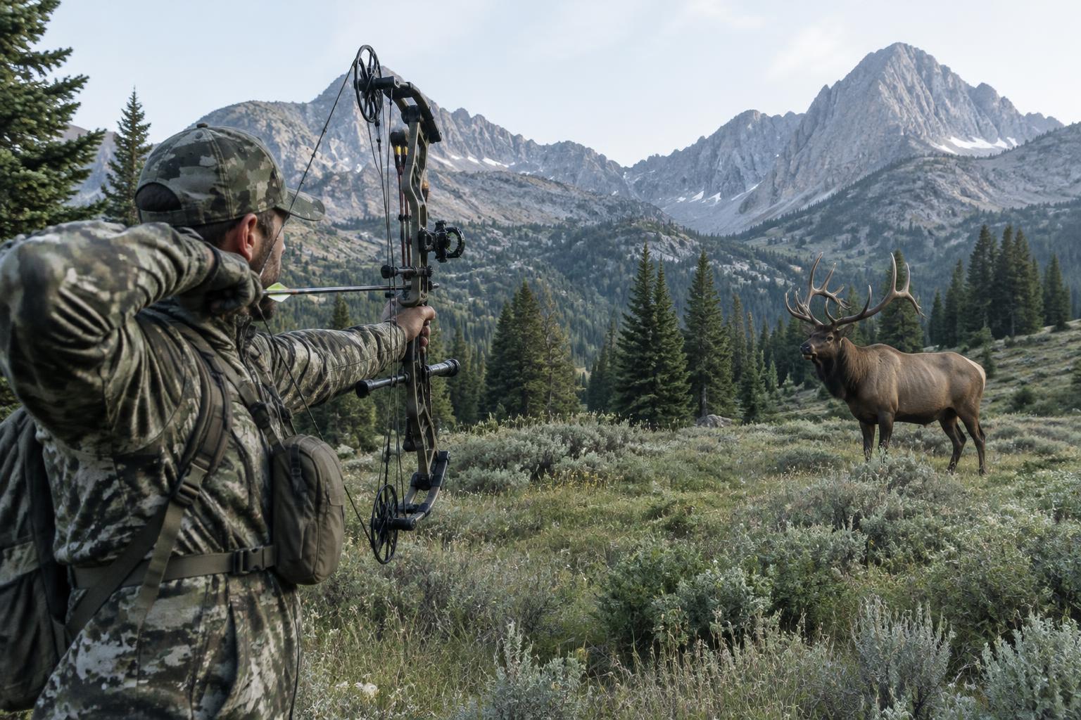 Bowhunter at full draw aiming a compound bow toward a large bull elk in a mountain meadow