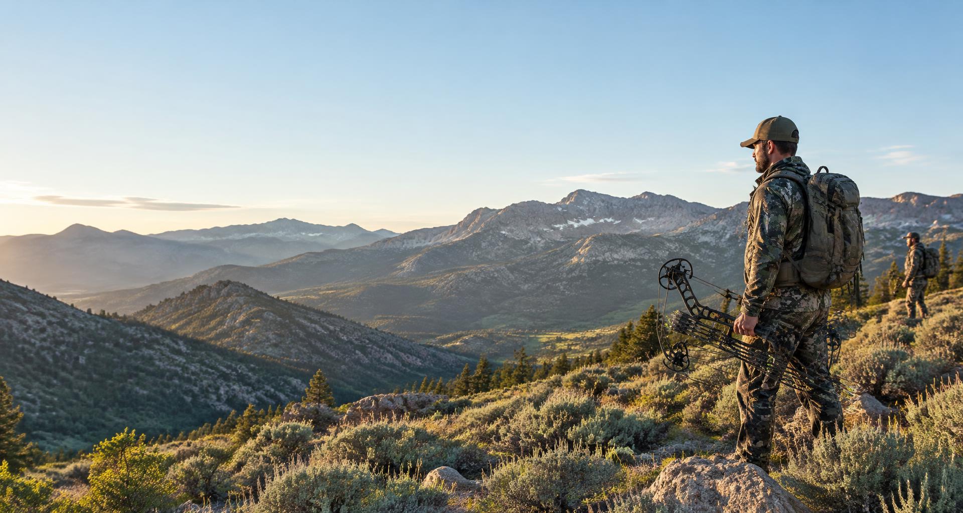 Bowhunter with a compound bow overlooking the Wasatch mountain landscape